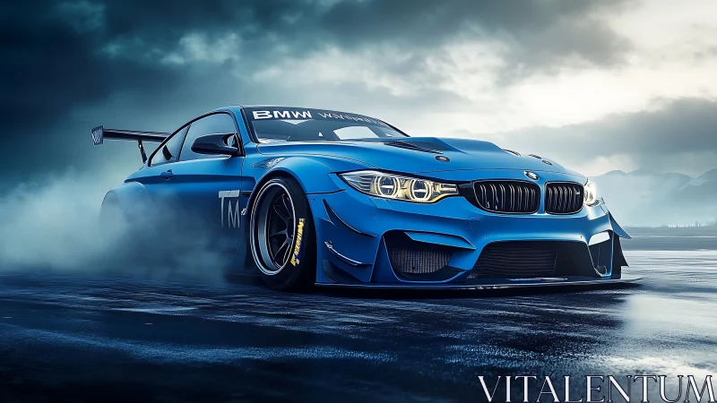 Blue BMW race car drifts on wet asphalt track in daylight