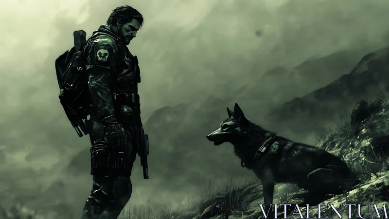 Armored recon soldier confronts tactical dog in fog-laden valley