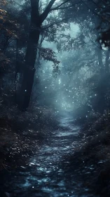 Ethereal Forest Path: Luminescent Mist Through Ancient Trees
