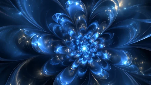 Radial blue fractal bloom with luminous particle caustics