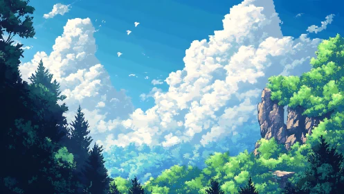 Towering summer clouds roll above a sunlit forest valley