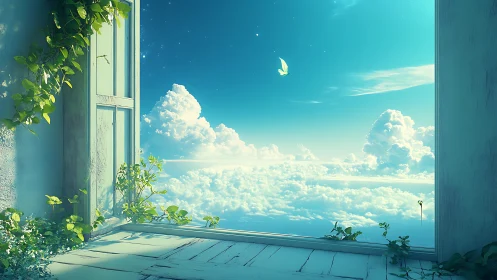 Open doorway overlooks elevated cloudscape and distant sky