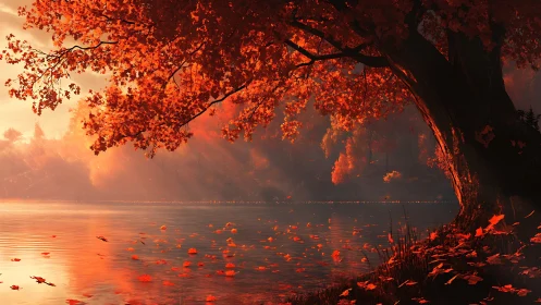 Golden autumn tree glowing softly beside a quiet lake.