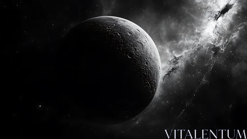 Shadowed moon drifts before luminous galactic clouds.