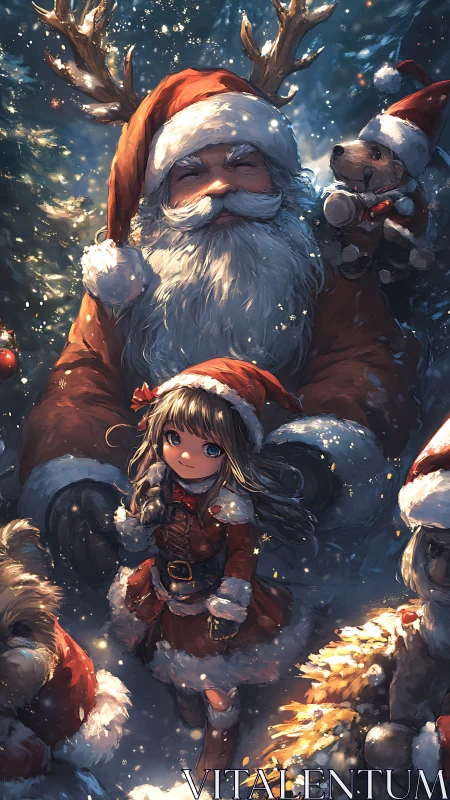 Santa figure and child in winter night festive scene.