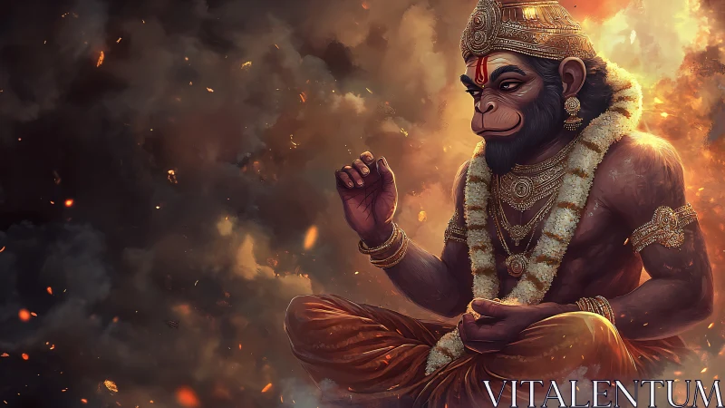 Divine simian figure meditates amid volumetric firelit smoke