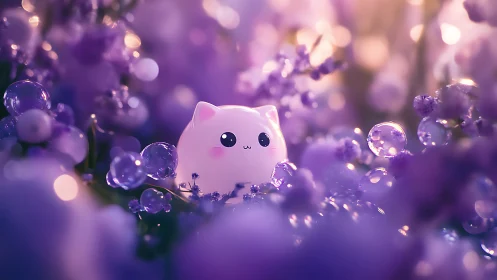Glow-kawaii cat figurine nestles in bokeh lavender orbs
