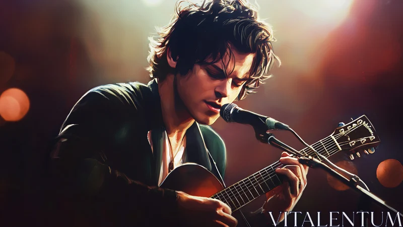 Warm backlit portrait shows acoustic guitarist in focused performance