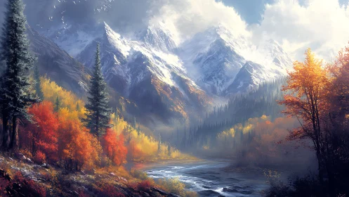 Golden autumn valley unfolds beneath towering snowy mountains