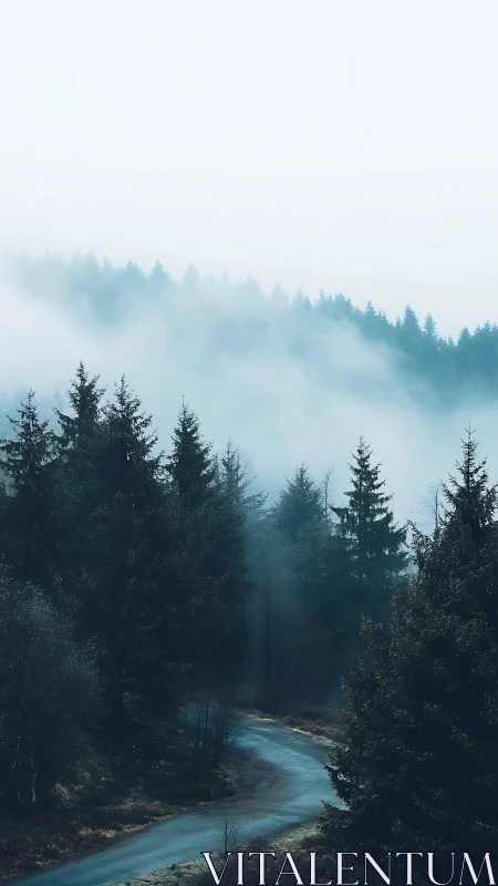Misty forest valley with river through coniferous landscape.