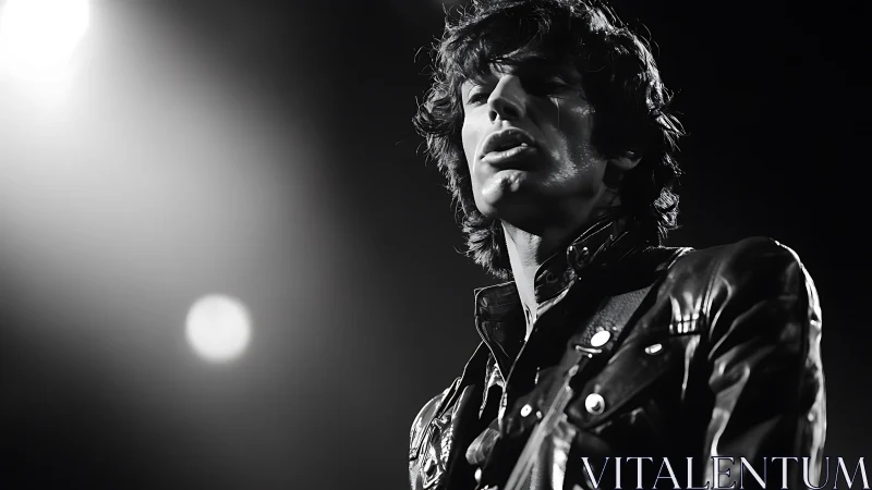 Monochrome stage portrait of male rock vocalist in leather jacket