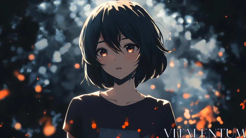 Quiet ember-lit girl beneath a dreamy twilight sky.