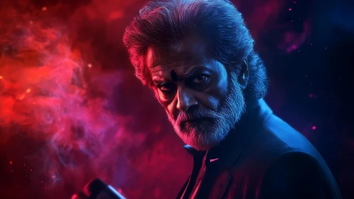 Older man is lit by contrasting red and blue colored lights