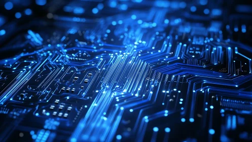 Blue circuit board pathways with glowing digital traces.
