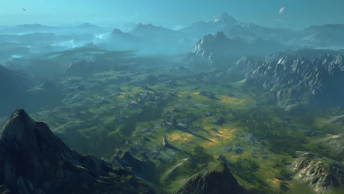 Futuristic alpine valley megastructures under teal atmospheric haze
