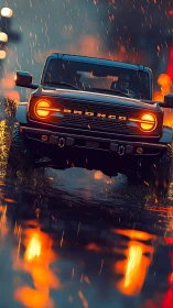 Rain-slashed Bronco leaps through neon puddle firestorm.