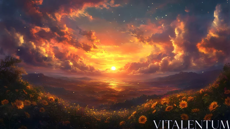 Radiant sunset over floral valley with luminous cloudscape horizon