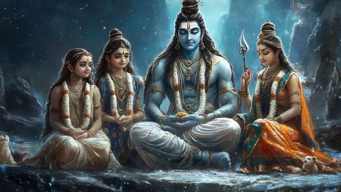 Mythic Himalayan family tableau rendered in luminous digital painting