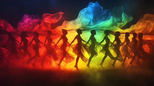 Silhouetted dancers moving across vivid rainbow light band.