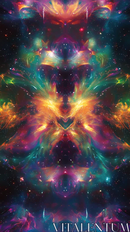 Symmetrical cosmic nebula pattern in vivid glowing colors