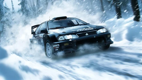 Snow-slinging rally beast carving fury through winter woods.
