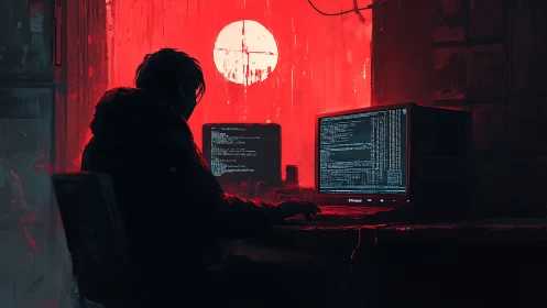 Backlit cyber-operator coding before saturated red skyline.