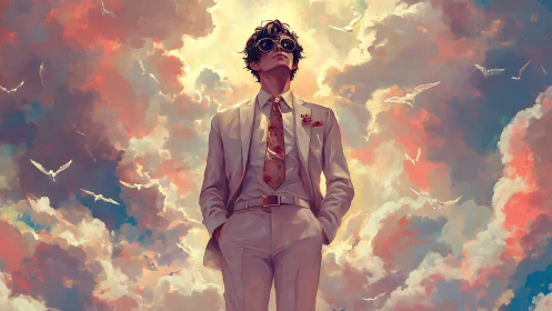 Stylish dreamer in a white suit walks confidently through clouds