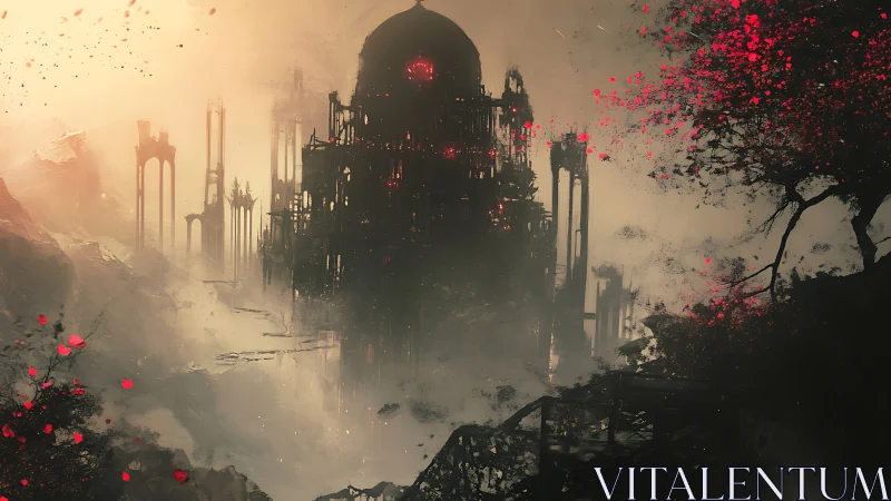 Ruined domed structure stands amid fog and red foliage