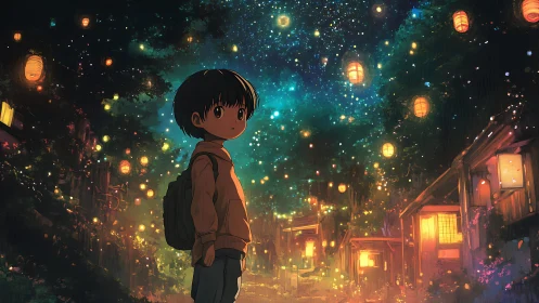 Child under starlit lanterns walks through glowing night street.