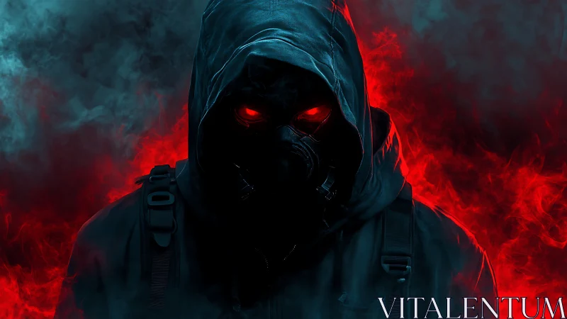 Hooded ember wraith stalking through neon red smokestorm.