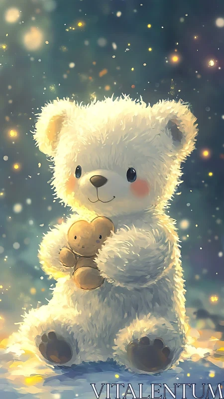 Snowy teddy bear sits in soft light, hugging tiny toy friend
