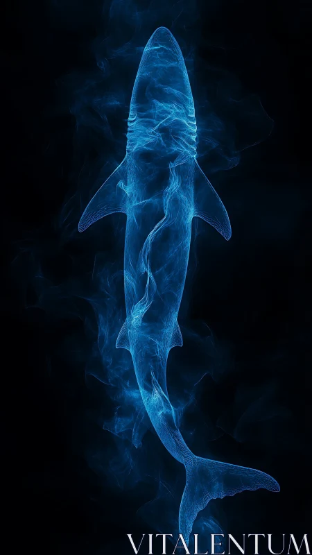 Neon wireframe shark silhouette over deep black void.