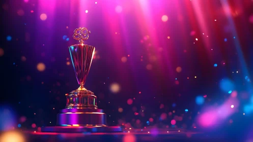 Golden trophy on stage with colorful lights and sparkles, digital art.