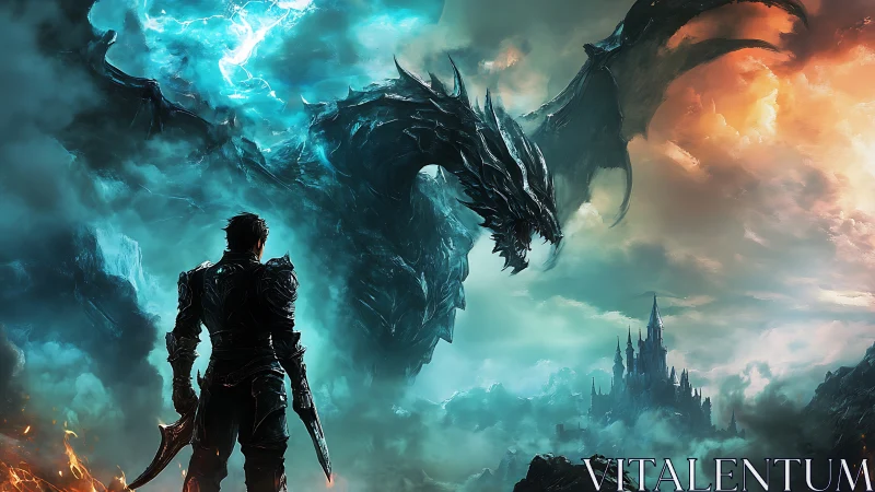 Lone armored warrior confronting stormlit dragon in sky.