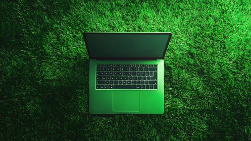 Open laptop computer on evenly lit green grass surface.
