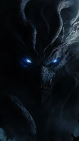 Shadowy horned creature with glowing blue eyes in darkness.