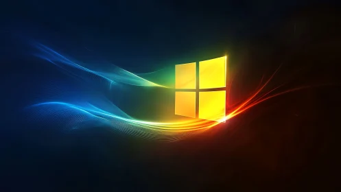 Glowing window icon with spectral light trails on dark gradient field