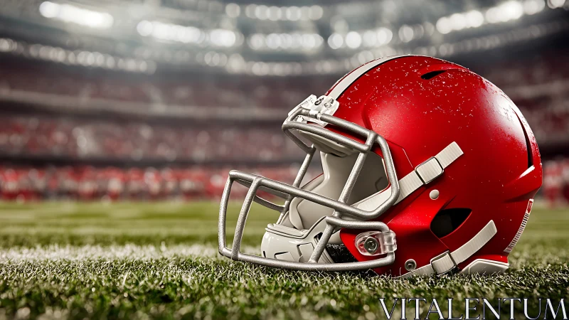 Red football helmet on stadium turf under bright lighting.