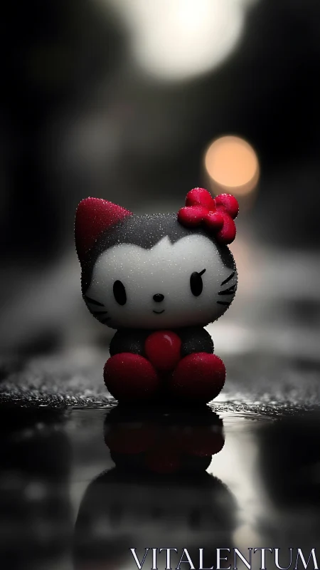 Hello Kitty figurine with red details in wet urban setting