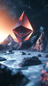 Crystal monolith floats over alien ice plain at sunrise.