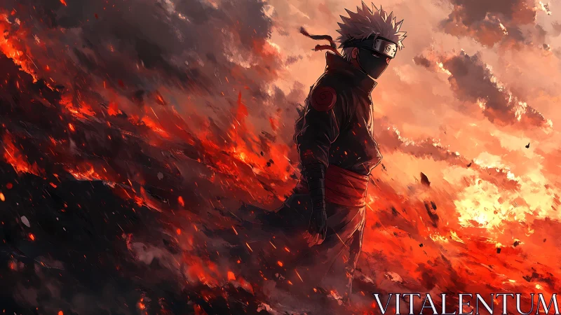 Masked anime warrior over burning battlefield horizon.