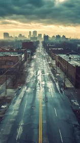 Empty wet city street leading to distant urban skyline.