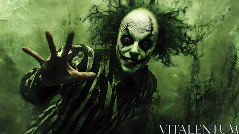 Sinister striped ghoul lunging through eerie green haze.