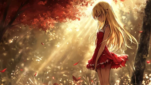 Sunlit forest lullaby with golden girl in crimson dress.