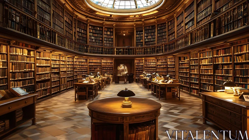 Grand circular library interior glows with warm lamplight