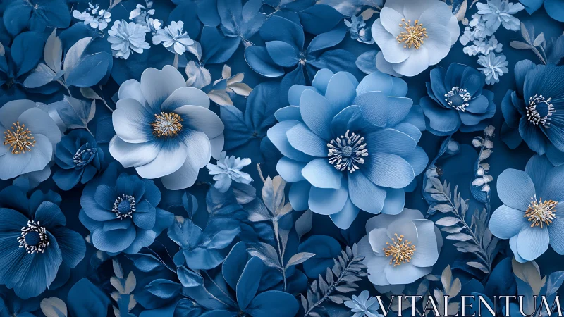 Floral Composition in Tonal Blue: Layered Botanical Digital Design.