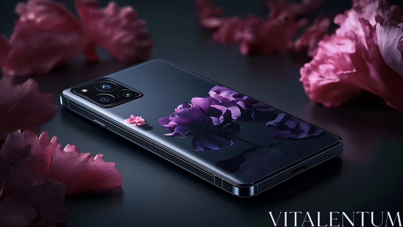 Reflective smartphone chassis with floral optical overlay.