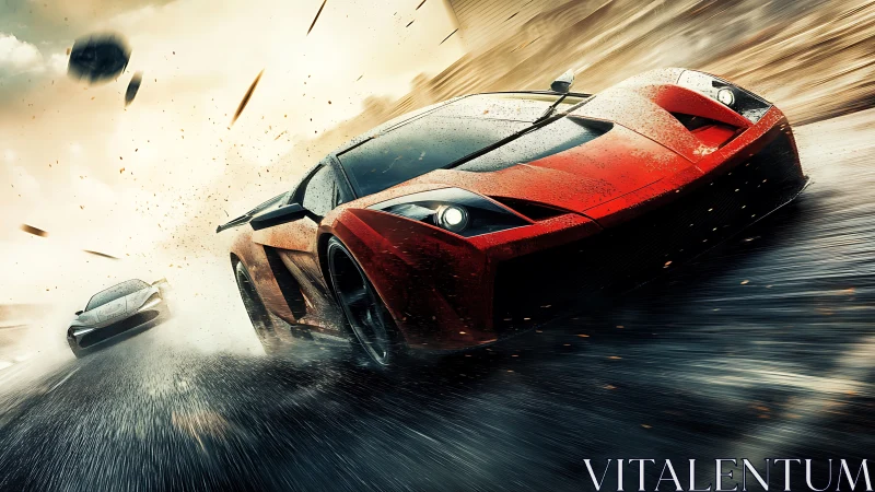 Red supercar powers through wet road in high-speed chase.