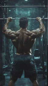 Shirtless bodybuilder lifts barbell in a dramatic gym glow