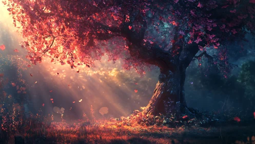 Luminous fantasy tree glows under shafted evening light